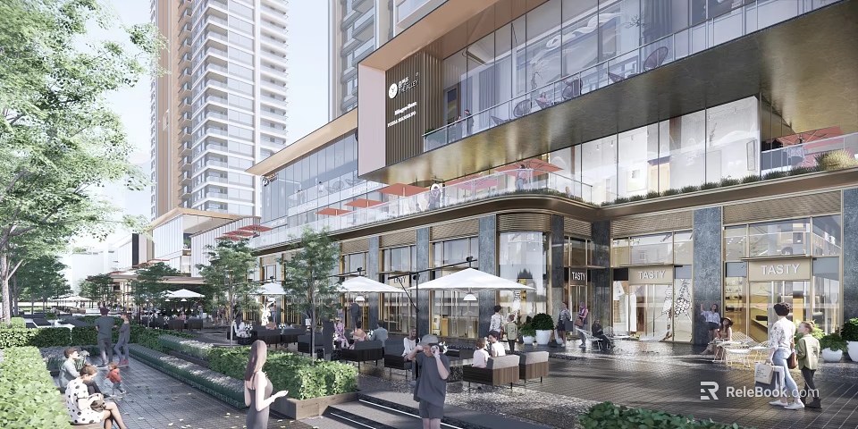 Modern Commercial Building Outdoor Leisure Area With Glass Facade Umbrellas Seating Greenery And Pedestrians 3d model 