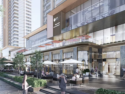 Modern Commercial Building Outdoor Leisure Area With Glass Facade Umbrellas Seating Greenery And Pedestrians 3d model