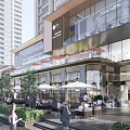 Modern Commercial Building Outdoor Leisure Area With Glass Facade Umbrellas Seating Greenery And Pedestrians