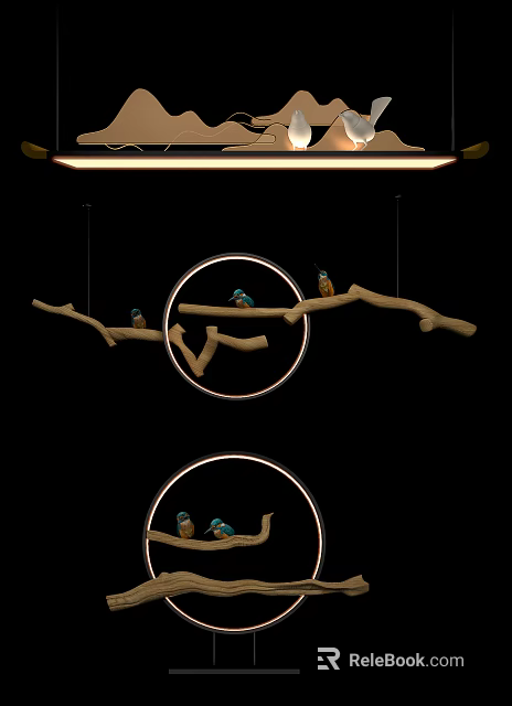 Decorative Lights with Natural Tree Branches Small Birds and Circular Rings 3d model