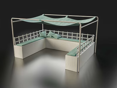 Outdoor Canopy Seating Structure With White Frame Green Fabric And Cushioned Benches 3d model