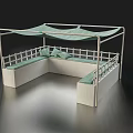 Outdoor Canopy Seating Structure With White Frame Green Fabric And Cushioned Benches