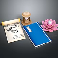 Elegant Books and Magazines with Traditional Scroll Hourglass Blue Notebook and Pink Lotus
