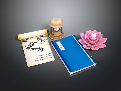 Elegant Books and Magazines with Traditional Scroll Hourglass Blue Notebook and Pink Lotus 3d model