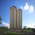 Modern Tall Residential Building with Greenery and Trees Along Urban Road Under Blue Sky