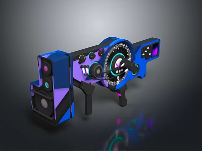 Futuristic Blue And Purple Weapon With Circular Dashboard Multiple Buttons And Glowing Elements 3d model