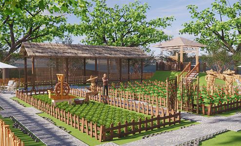 Chinese Courtyard Rural Courtyard Vegetable Garden Landscape Park Ecological Road Stone Path Log Fence Back Garden Leisure Gallery Pavilion 3d model