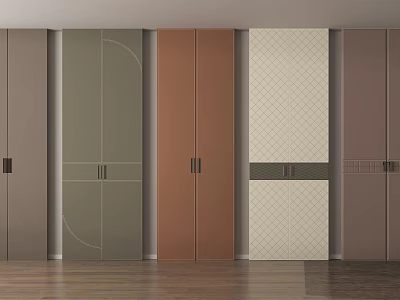 Modern Wardrobe Doors with Various Colors and Geometric Design Panels in Interior Showcase 3d model