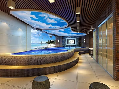Bright Modern Indoor Swimming Pool With Round Shape Blue Sky Ceiling And Glass Doors 3d model