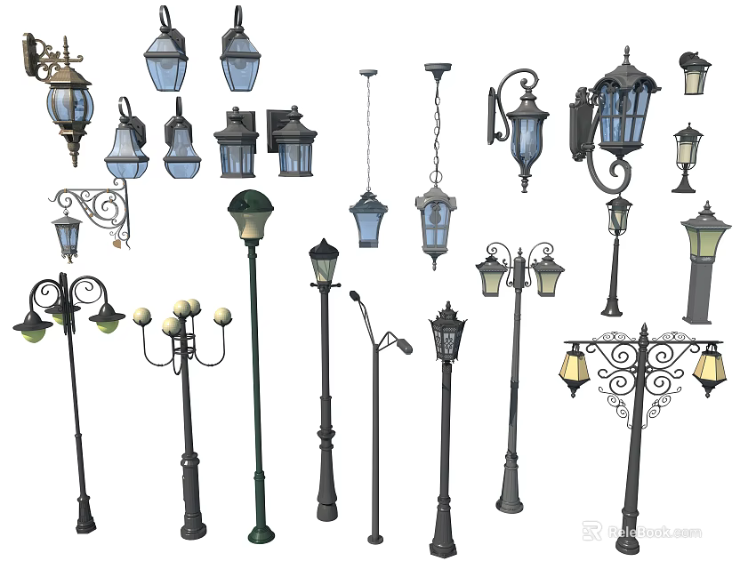 Vintage Decorative Lighting Fixtures Set With Pendant Lamps Street Lights And Wall Sconces 3d model 