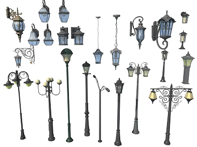 Vintage Decorative Lighting Fixtures Set With Pendant Lamps Street Lights And Wall Sconces 3d model