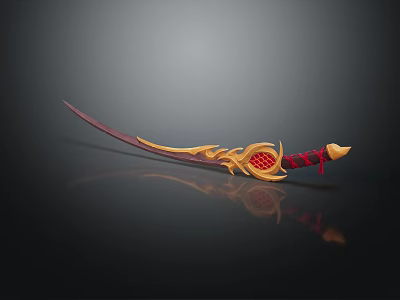 Ornate Curved Sword Featuring Golden Decorative Hilt And Red Straps Design 3d model