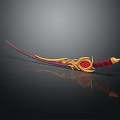 Ornate Curved Sword Featuring Golden Decorative Hilt And Red Straps Design