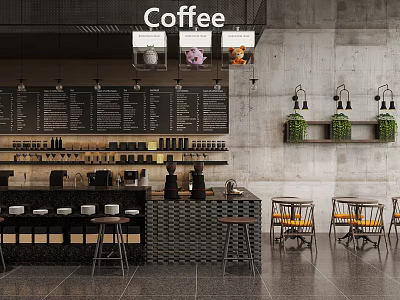 Modern Milk Tea Shop Interior With Open Counter Menu Board Hanging Lighting And Plant Decorations 3d model
