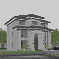 Elegant Two Story Detached Villa with White Facade Dark Roof Grand Pillars and Lush Greenery