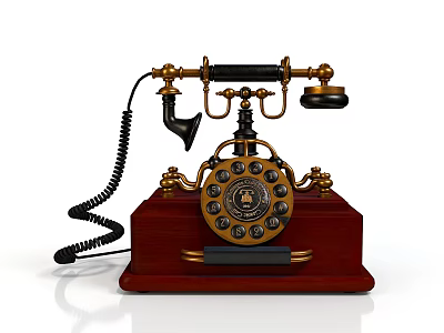 Vintage Electronic Telephone Classic Design With Wooden Base Gold Accents And Rotary Dial 3d model