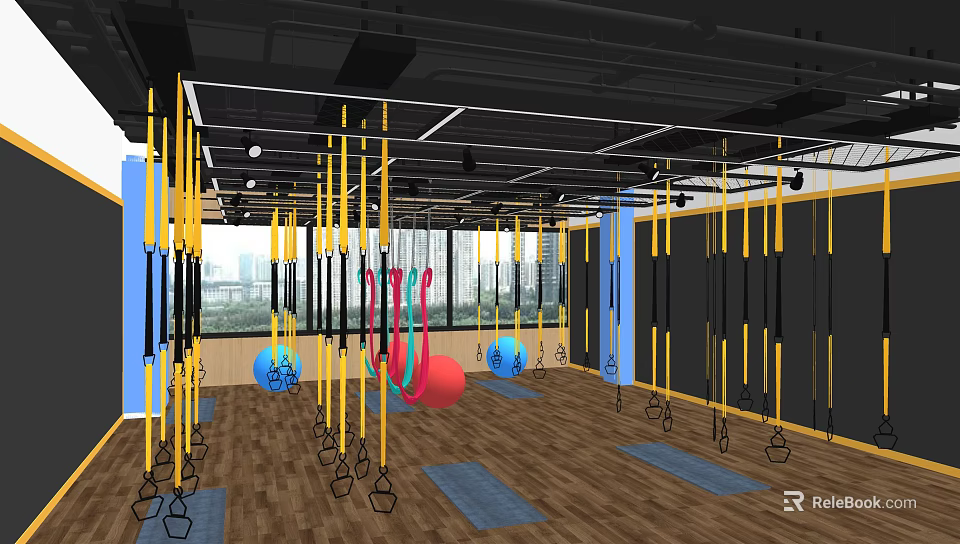 Modern Gym Interior With TRX Suspension Straps Fitness Balls Blue Mats And Wooden Floor 3d model 