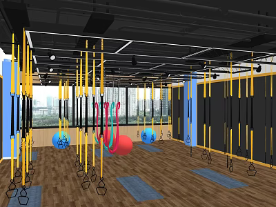 Modern Gym Interior With TRX Suspension Straps Fitness Balls Blue Mats And Wooden Floor 3d model