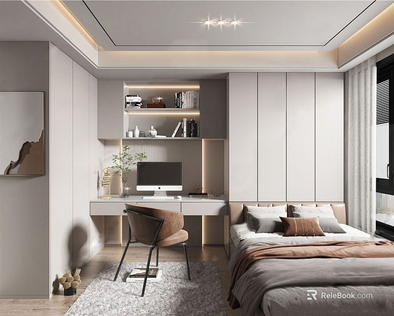 Modern Minimalist Tatami Bedroom Interior With Writing Desk Computer Built-in Bookshelf And Curtains 3d model 