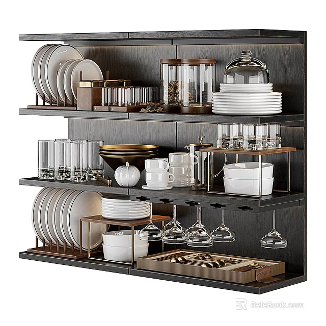 Stylish Dinnerware Set Showcased On Multi Tiered Kitchen Storage Rack With Plates Mugs And Glassware 3d model 