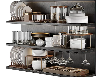 Stylish Dinnerware Set Showcased On Multi Tiered Kitchen Storage Rack With Plates Mugs And Glassware 3d model
