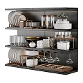 Stylish Dinnerware Set Showcased On Multi Tiered Kitchen Storage Rack With Plates Mugs And Glassware