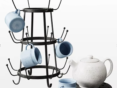 Light Blue Cups Hanging On Black Metal Cup Rack With White Teapot 3d model