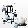 Light Blue Cups Hanging On Black Metal Cup Rack With White Teapot