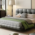 Modern Apartment Bedroom Featuring Gray Leather Bed Green Quilt Striped Sheets Floor Lamp Arched Window