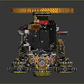Green Custom Mechanical Truck With Yellow Warning Stripes Roof Equipment And Robotic Gadgets