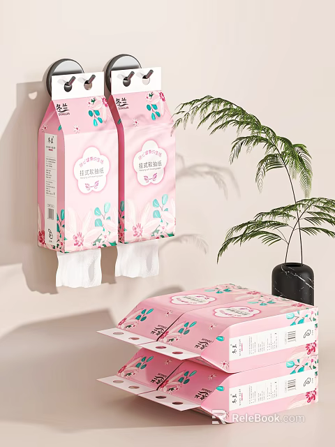 Pink Floral Patterned Tissue Packs With Green Plant Decoration For Home Use 3d model 