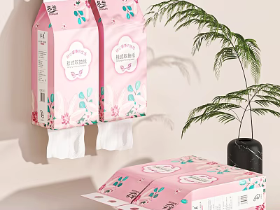 Pink Floral Patterned Tissue Packs With Green Plant Decoration For Home Use 3d model