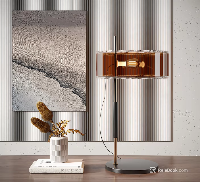 Modern Table Lamp with Striped Wall Textured Painting and Dried Flowers in Vase 3d model 