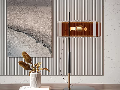 Modern Table Lamp with Striped Wall Textured Painting and Dried Flowers in Vase 3d model