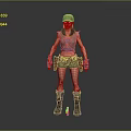 Adventurous Woman Wearing Green Vest Shorts Wrist Guards Boots With Blood Stains Holding Hammer