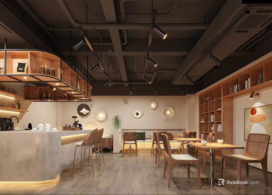 Modern Café Interior With Wooden Furniture Bar Counter Tables Chairs And Bookshelves 3d model 