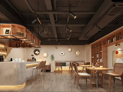 Modern Café Interior With Wooden Furniture Bar Counter Tables Chairs And Bookshelves 3d model