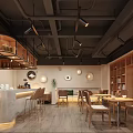 Modern Café Interior With Wooden Furniture Bar Counter Tables Chairs And Bookshelves