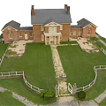 Historic Red Brick House With Two Chimneys Lawn White Fence Gate And Stone Lion Statues