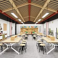 Modern School Classroom With Wooden Tables Stools Smart Blackboard And Pendant Lights