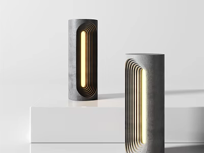 Modern Table Lamp With Striped Texture Illuminated Warm Yellow Light On White Platform 3d model