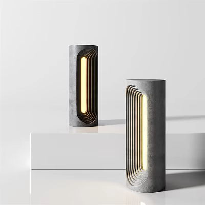 Modern Table Lamp With Striped Texture Illuminated Warm Yellow Light On White Platform 3d model