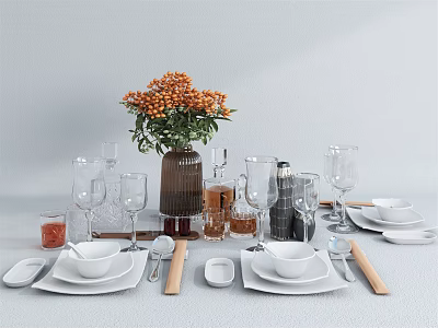 Tableware Set with White Plates Bowls Glasses Wooden Utensils and Orange Flower Vase on Table 3d model