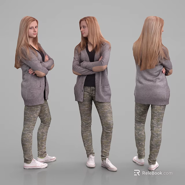 Woman In Gray Cardigan Black Top Camouflage Pants White Sneakers With Arms Crossed Three Angles 3d model 