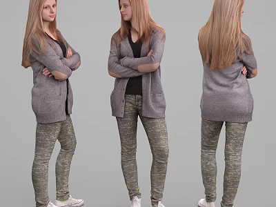 Woman In Gray Cardigan Black Top Camouflage Pants White Sneakers With Arms Crossed Three Angles 3d model