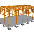 Steel Shed Structure with Dark Blue Roof Gray Walls Orange Support Columns and Concrete Base Foundation