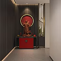 Modern Office Corridor With Dark Wood Grain Walls Red Cabinet And Golden Statue