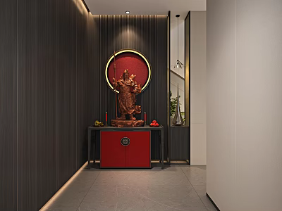 Modern Office Corridor With Dark Wood Grain Walls Red Cabinet And Golden Statue 3d model