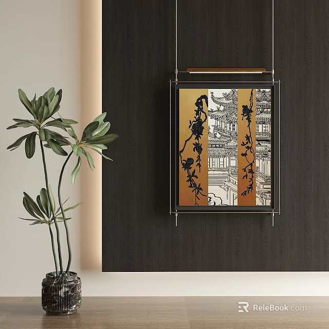 Traditional Chinese Figure Painting in Square Frame Hanging on Dark Wall with Green Plant 3d model 