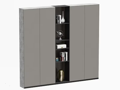 Modern Gray Wardrobe Design With Open Shelves And Decorative Items Vases Books Inside 3d model